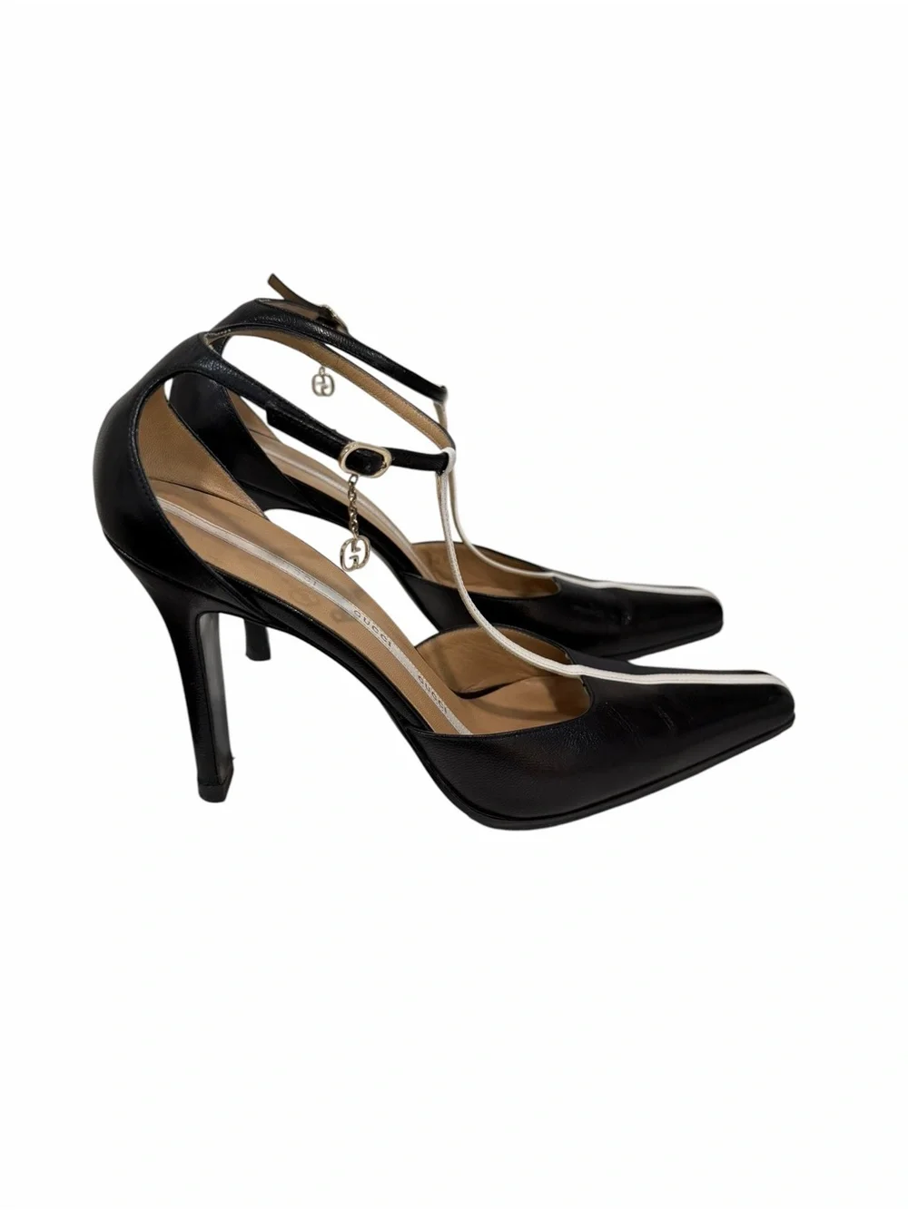 Gucci Black Leather T-Strap Pumps White Trim GG Charm Heels
